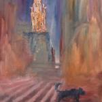 08 blue dog and the Chrysler Building at sunset. Oil on canvas. 2013 New York. 36x27in.  Картина доступна в Ward-Nasse Gallery (New York city, USA).
